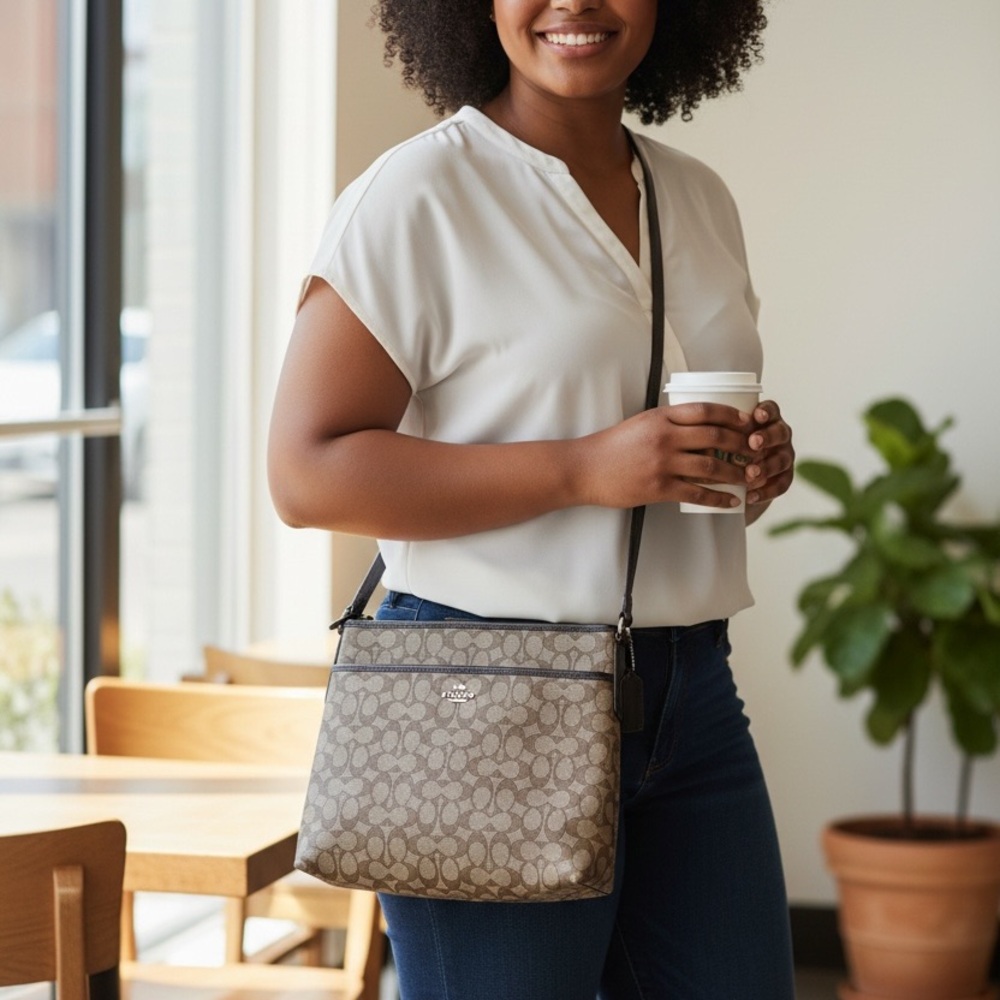 Coach Signature Jacquard File Crossbody Bag F58285 Khaki Canvas
